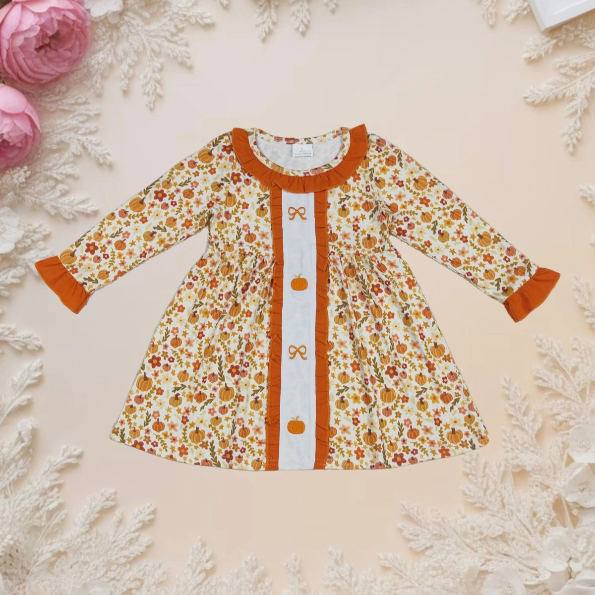 

Toddler Fall Baby Girl Princess Dress Party Elegant Long Sleeves Embroidery Bows Pumpkins Kids Knee Length Thanksgiving Costume