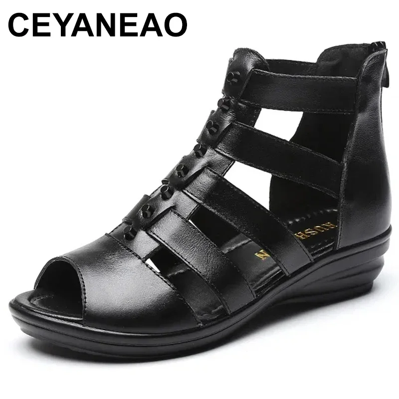 

Plus Size 35-43 Genuine Leather Gladiator Sandals Women Summer Shoes Zipper Peep Toe Elegant Black Ladies Sandals