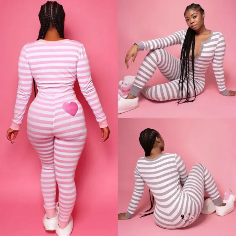 Women Long Sleeve Bodysuit Slim Fit Top Autumn Spring Gray Pink Striped Leotard Jumpsuit Fashion Female Bodycon Long Trousers