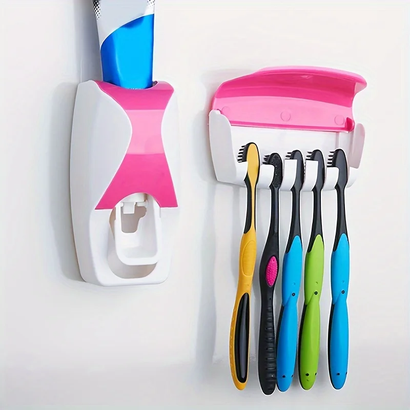1 set of automatic wall-mounted toothpaste dispenser with a convenient and hygienic toothbrush holder for the bathroom