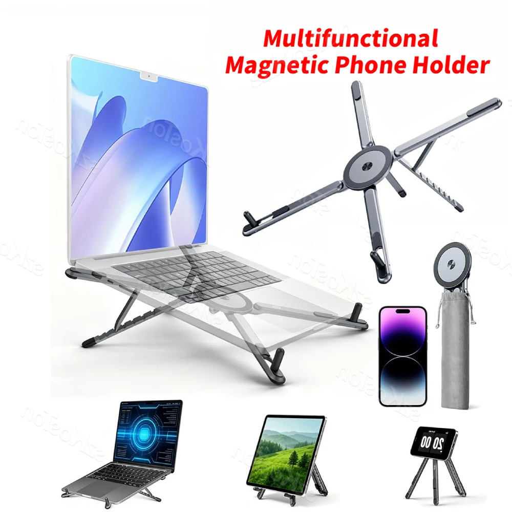 Multifunctional Magnetic Phone Holder Tripod 3-in-1 Adjustable Laptop Stand Foldable Metal Stand for Phone iPad MacBook Tablet