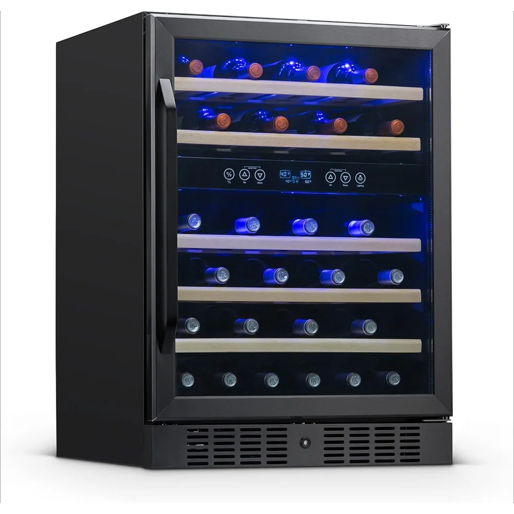 wine cooler, 46 bottle double area wine refrigerator, built-in small wine refrigerator, black stainless steel mini refrigerator