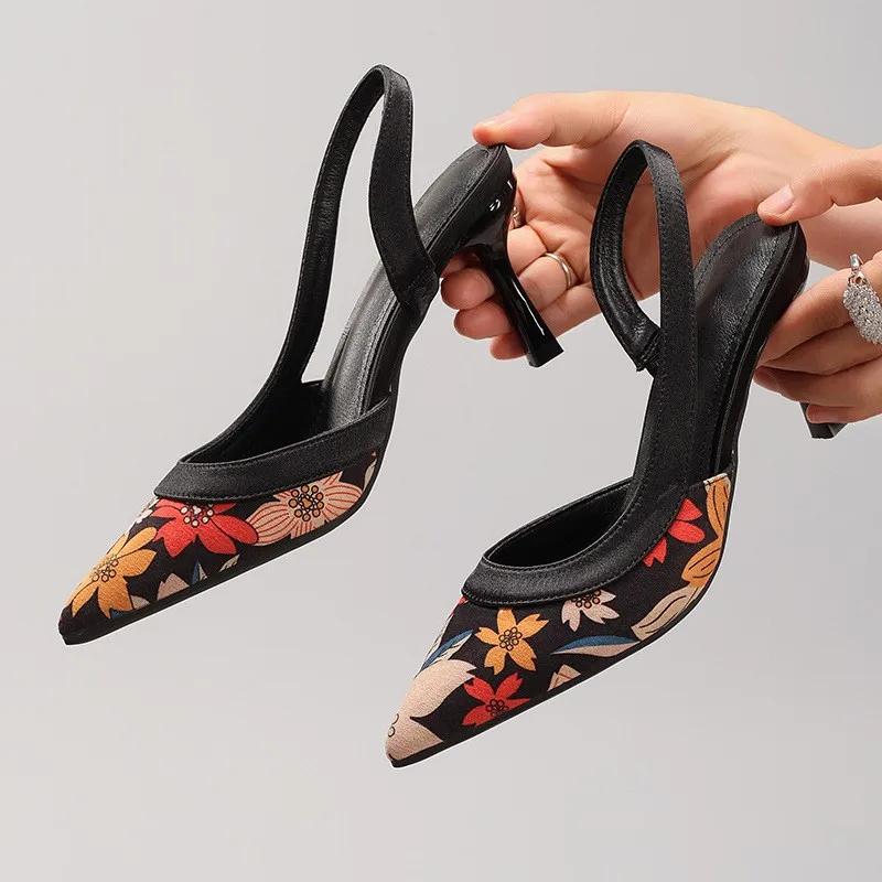 Printed pattern high heels, pointed toe, back straps, suede surface, formal party, fine stiletto sandals