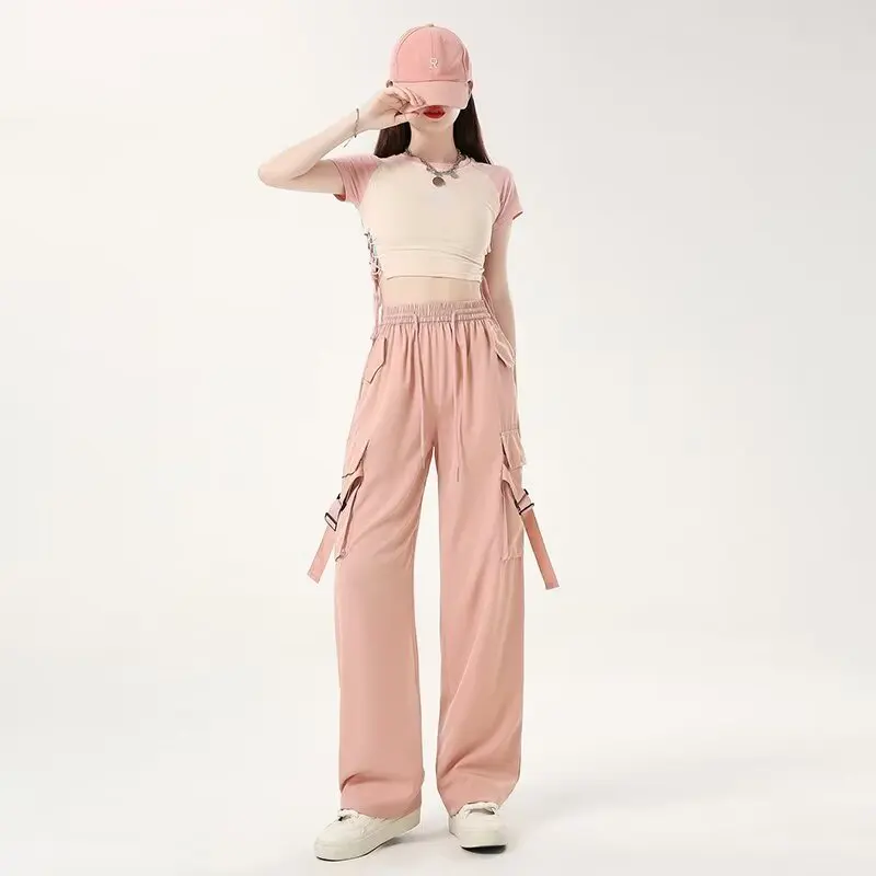 

2024 Vintage Streetwear Cargo Pants Women Y2K Summer Korean High Waist Bf Lace Up Wide Leg Pants Harajuku Loose Straight Trouser