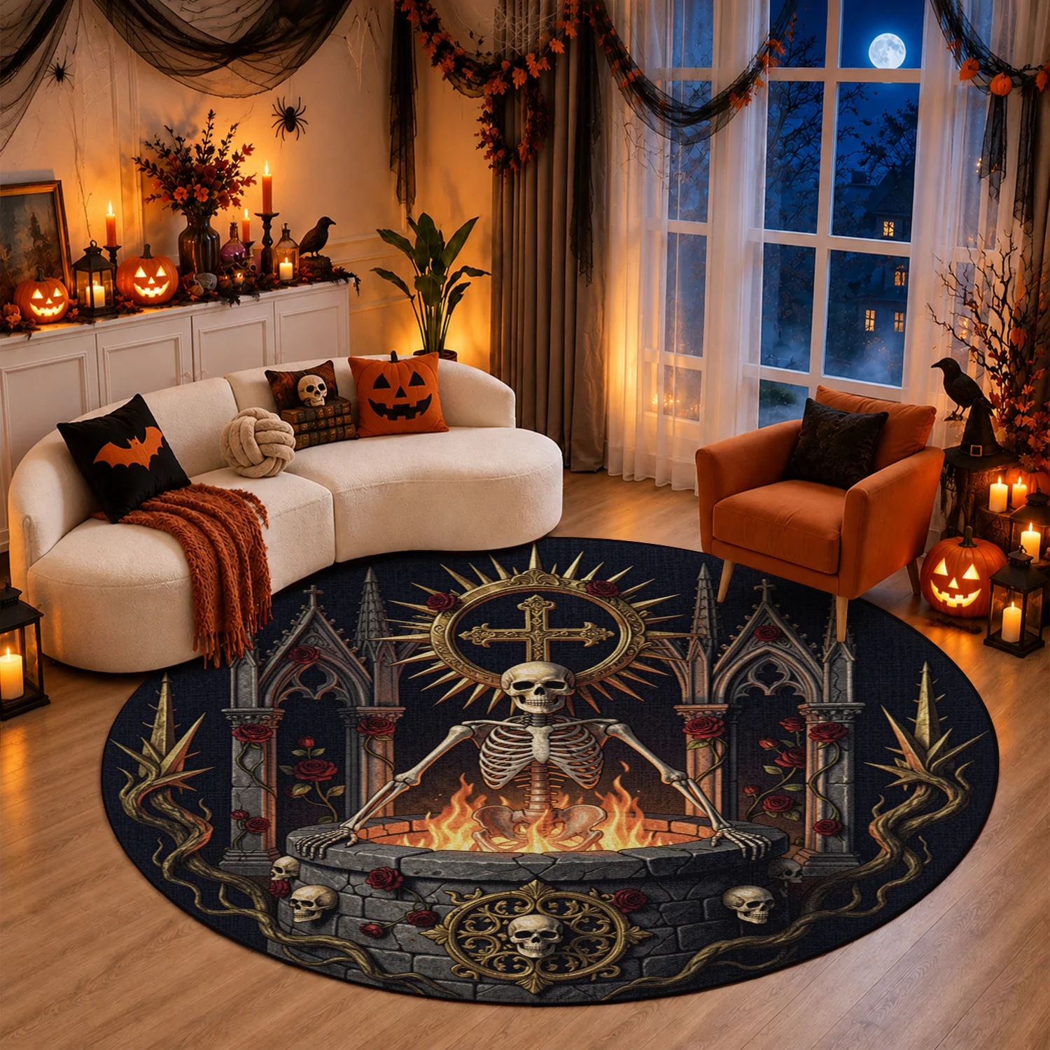 Gothic Skeleton Cross Rose Design Round Velvet Rug Machine Washable for Living Room Bedroom Entryway Halloween Thanksgiving Christmas Black Friday Cyber Monday
