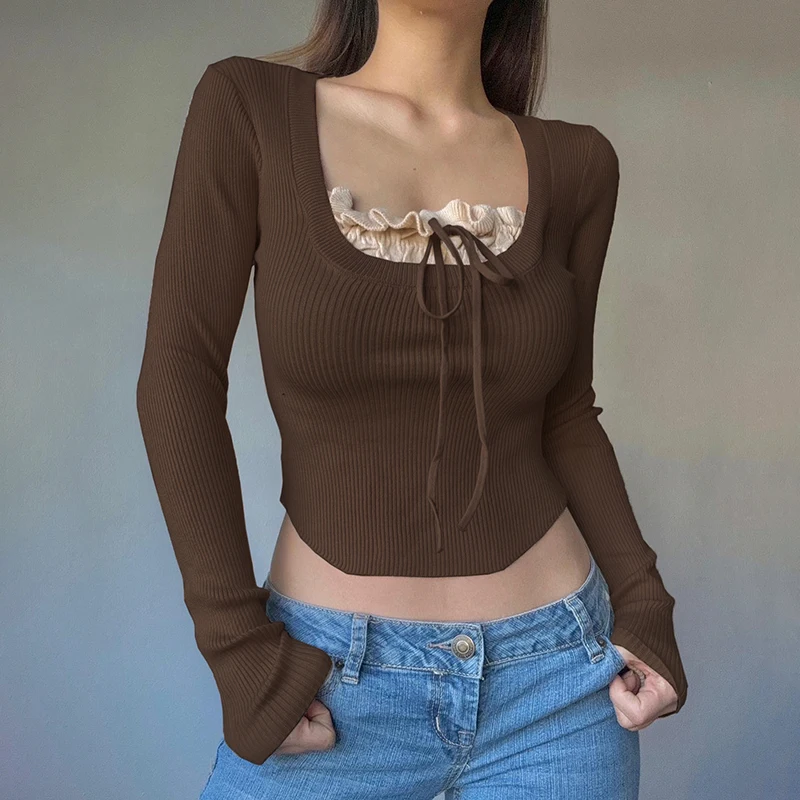 

BIIKPIIK Casual Contrasting Knitted Tops Sweet Patchwork Long Sleeve Sweaters Fall Clothes Young Hot Knitwear Pullovers Coquette