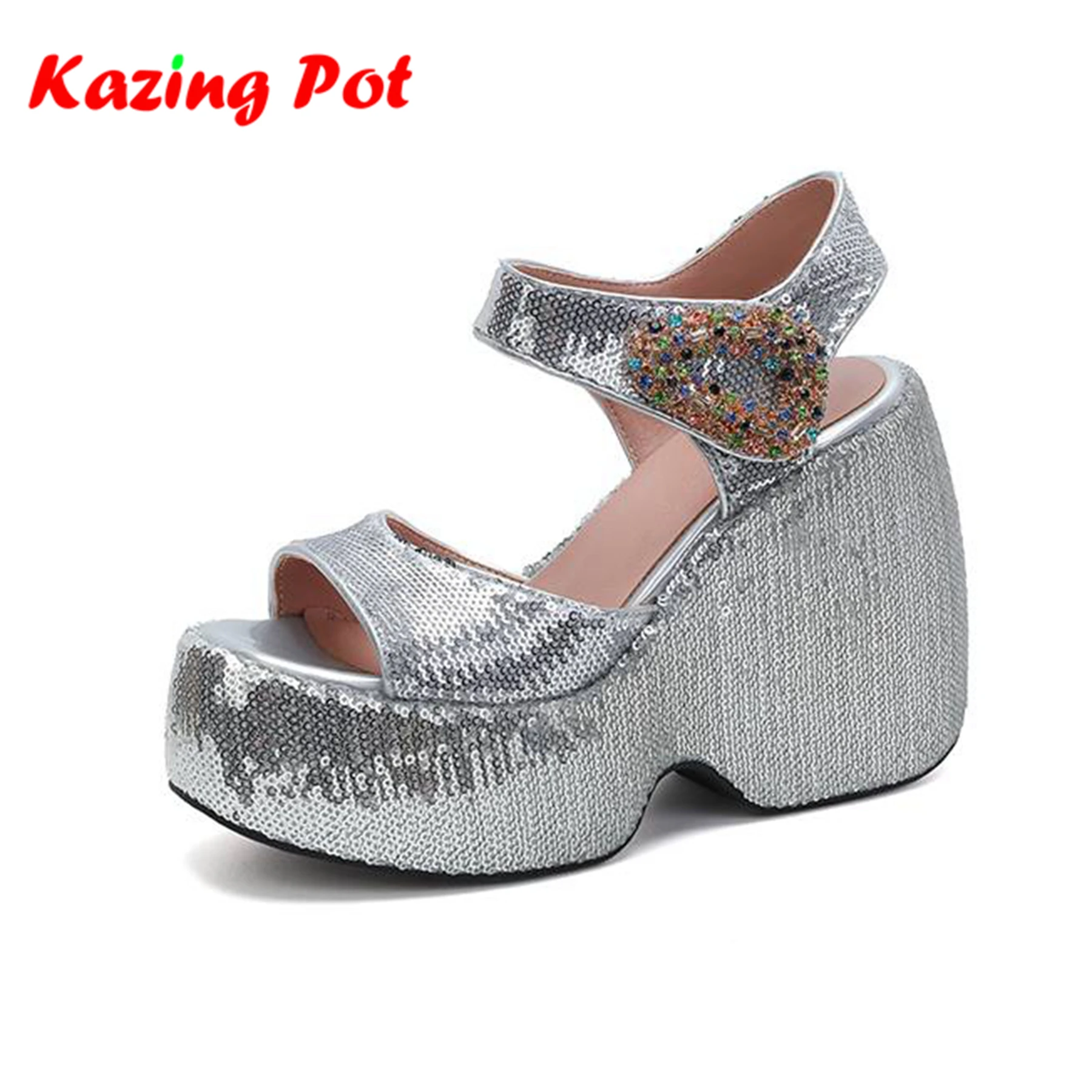 

Krazing Pot Sequined Cloth Peep Toe High Heels Elegant Silver Color Summer Shoes Bling Platform Waterproof Modern Women Sandals