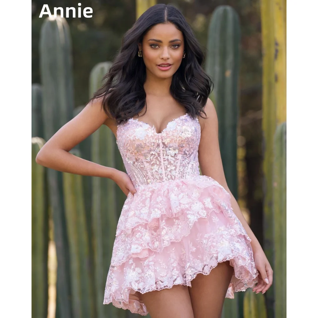 Annie Sweetheart Pink Wedding Dress Embroidered Sequined Tulle Prom Dresses Off-shoulder Short Women Bespoke Occasion Dresses