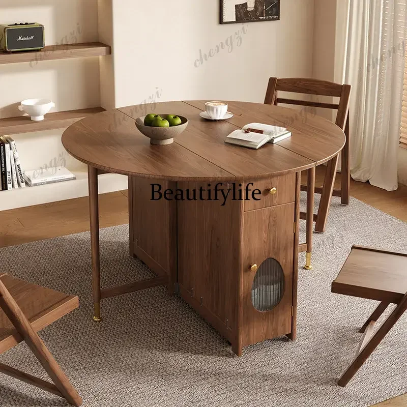 smt45 Scandinavian Solid Wood Foldable Round Dining Table Chairs Set Space-Saving Retractable Drop-Leaf Table Space Furniture JT