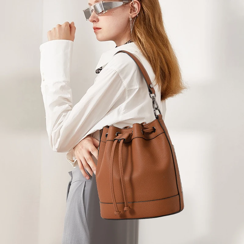 

Genuine Leather Women's Bag - Drawstring, Textured, New Style, Fashionable, Color Blocking, Bucket Bag, Handbag, Shoulder