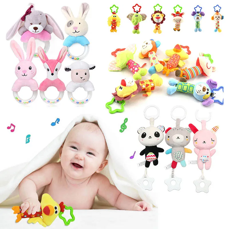 Baby Sensory Hanging Rattle Toys Cartoon Animals Plush Infant Car Bed Crib with Teether Toys for Newborn 0-24 Months Toddler Toy