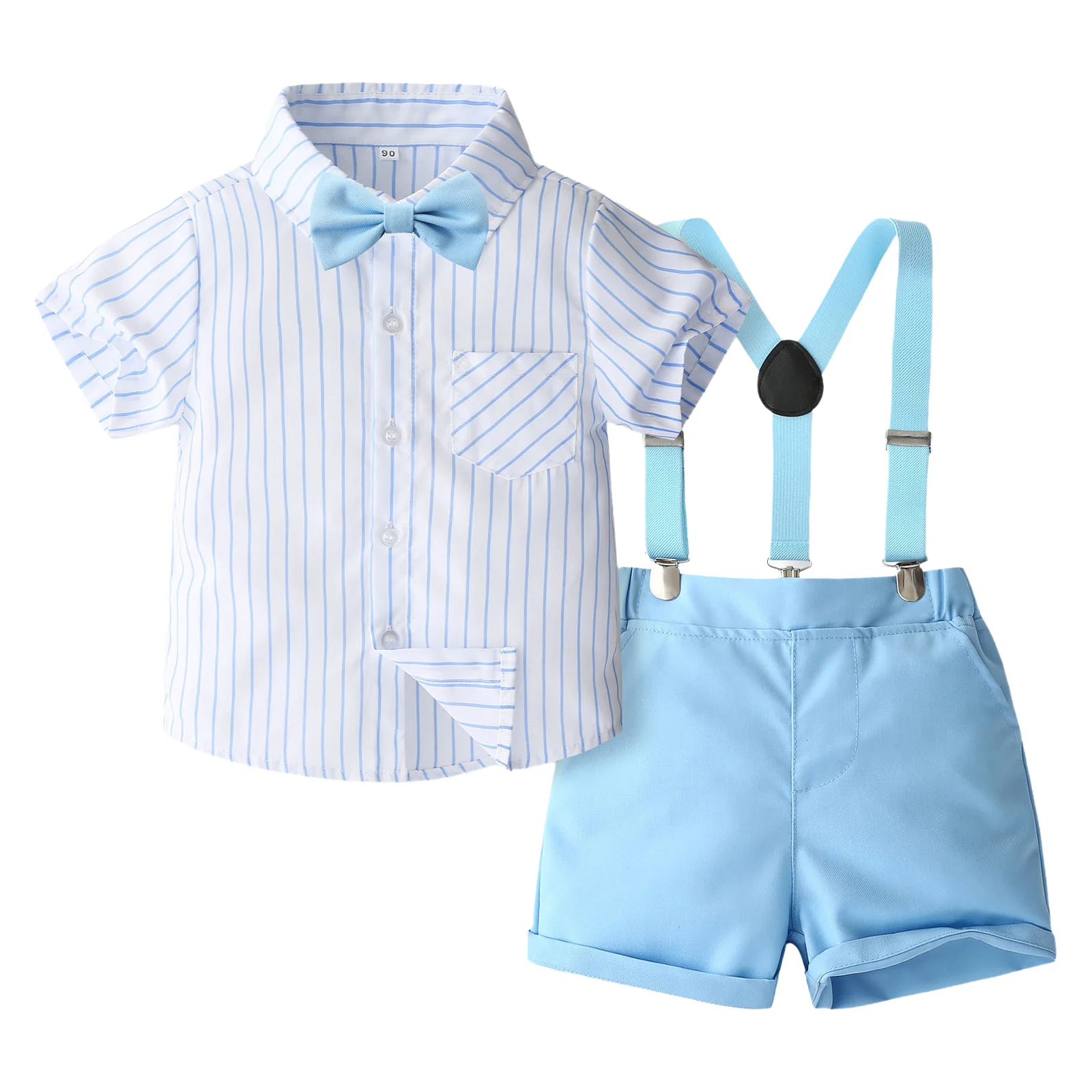 

Toddler Baby Boys Summer Clothes Gentleman Suits Short Sleeve Striped Shirt Bowtie Suspender Shorts for Birthday Party Wedding