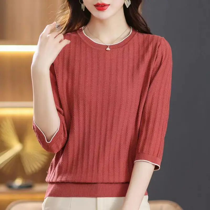 

Casual 3/4 Sleeve Women's Spring Autumn Top New Knitted Shirt Bottoming Pullovers Femme Knitwears Round Neck Pull Sweaters