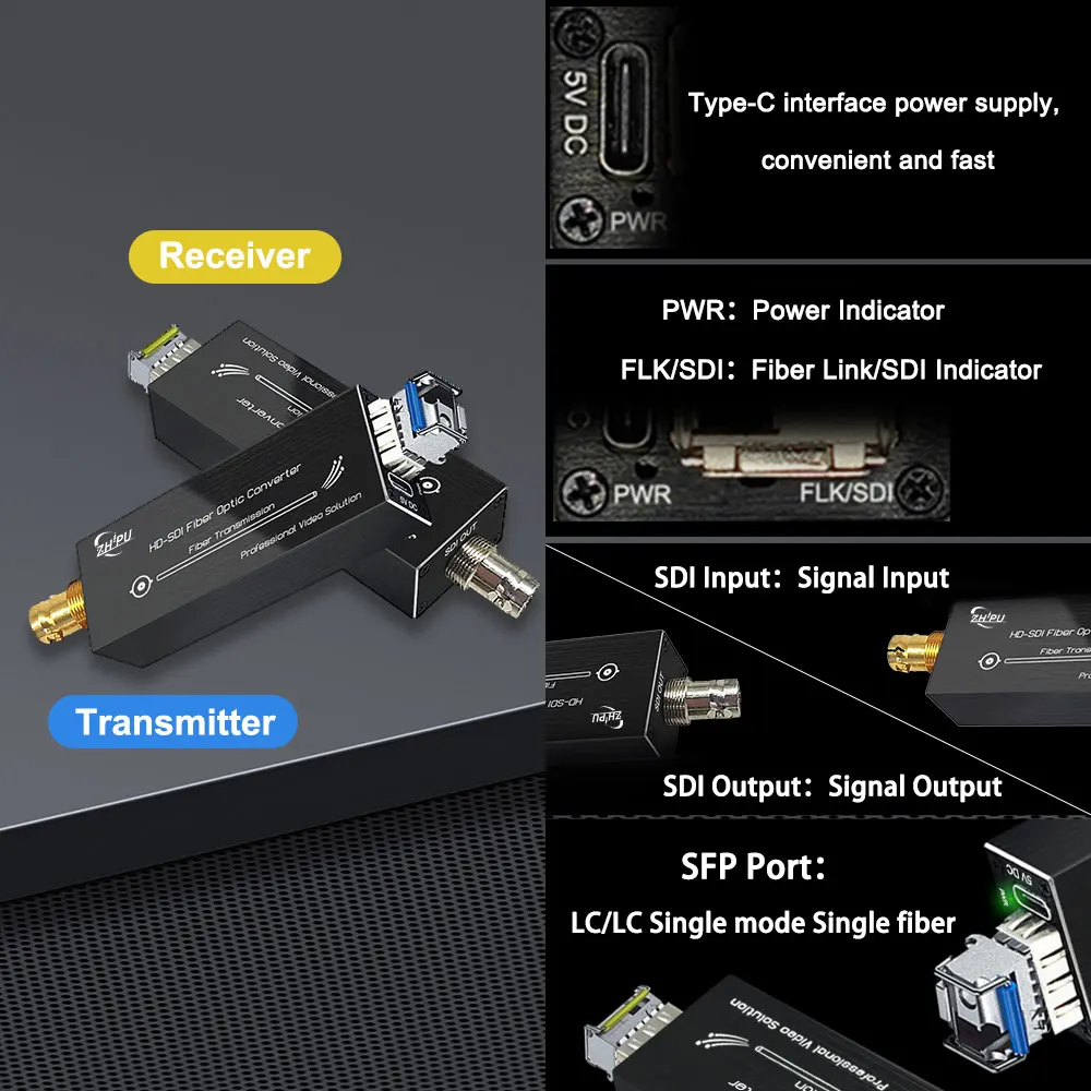 Mini Compact HD SDI Fiber Extender 1080P&30HZ HD-SDI Over Fiber Converter Broadcast Level Single-Mode Single Fiber 20km