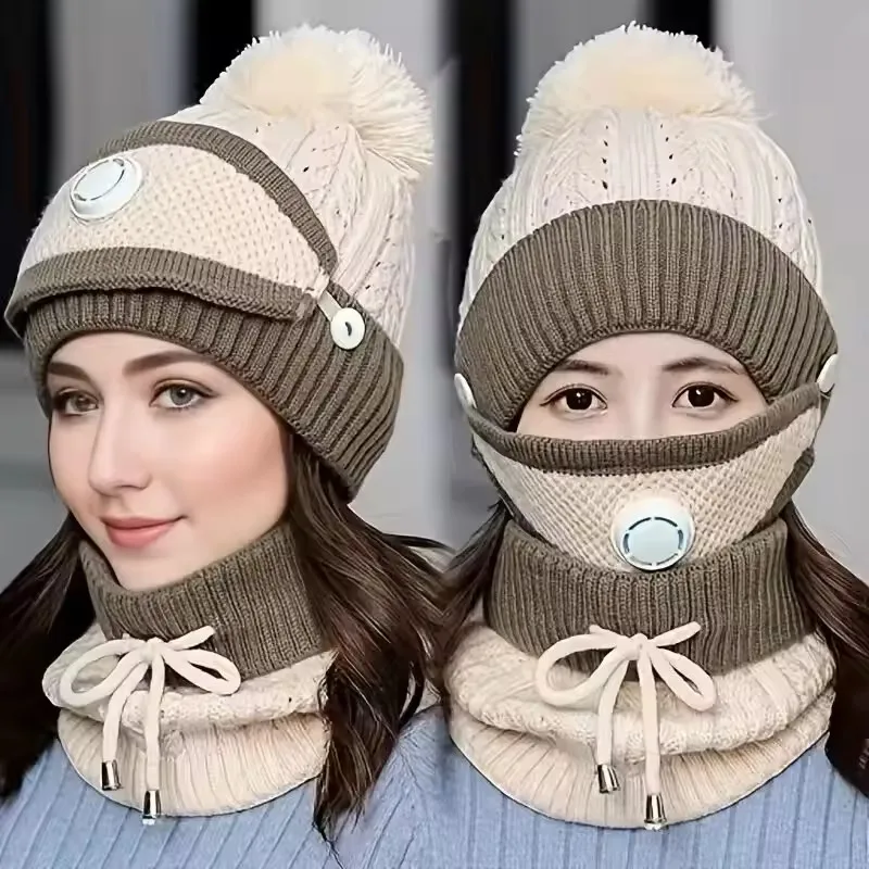 3PCS Winter Fashion Warm Scarf and Hat 3-Piece Set for Women Knitted Printed Skin Friendly Breather Valve Warm Earcup Accessory
