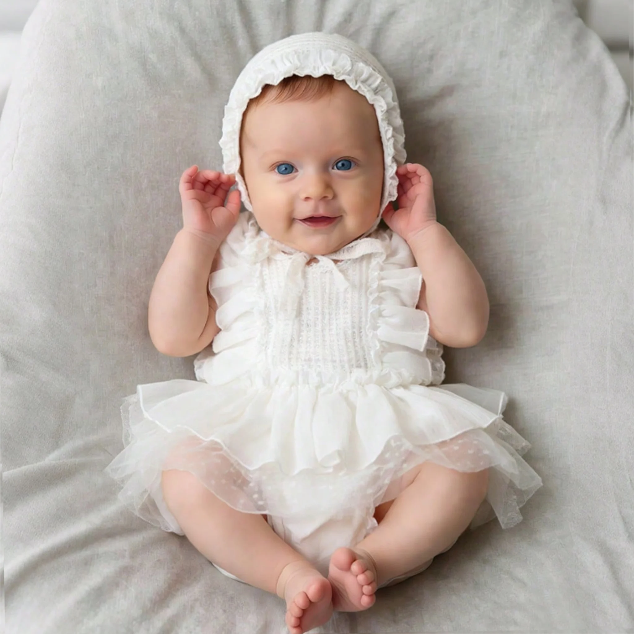 

Летний комплект для фотосессии новорожденных Ylsteed: комбинезон для девочки с оборками, кружевными рукавами-крылышками, повязка на голову, платье-пачка - HD