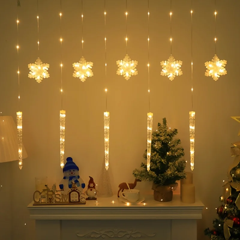 أضواء ستارة عيد الميلاد LED للتحكم عن بعد، تصميم ندفة الثلج على شكل جليد، 8 أوضاع إضاءة تعمل بمنفذ USB، للسقف/الشرفة/الشجرة - 3 ألوان #3