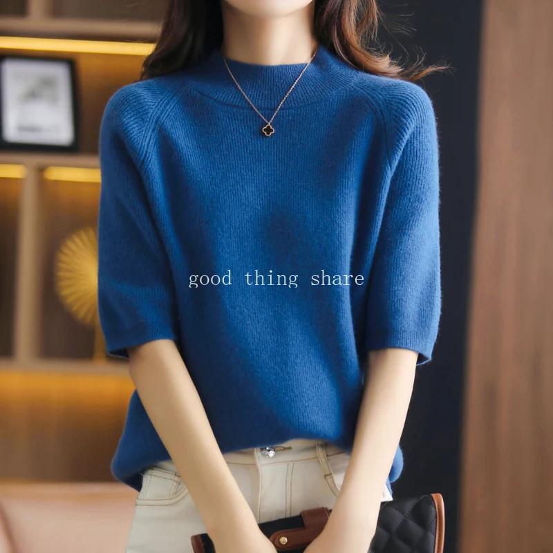 Spring Autumn New 100% Pure Wool Half-sleeved Sweater Female Women's Cashmere Half-high Collar Five-point Sleeve Knitted T-shirt