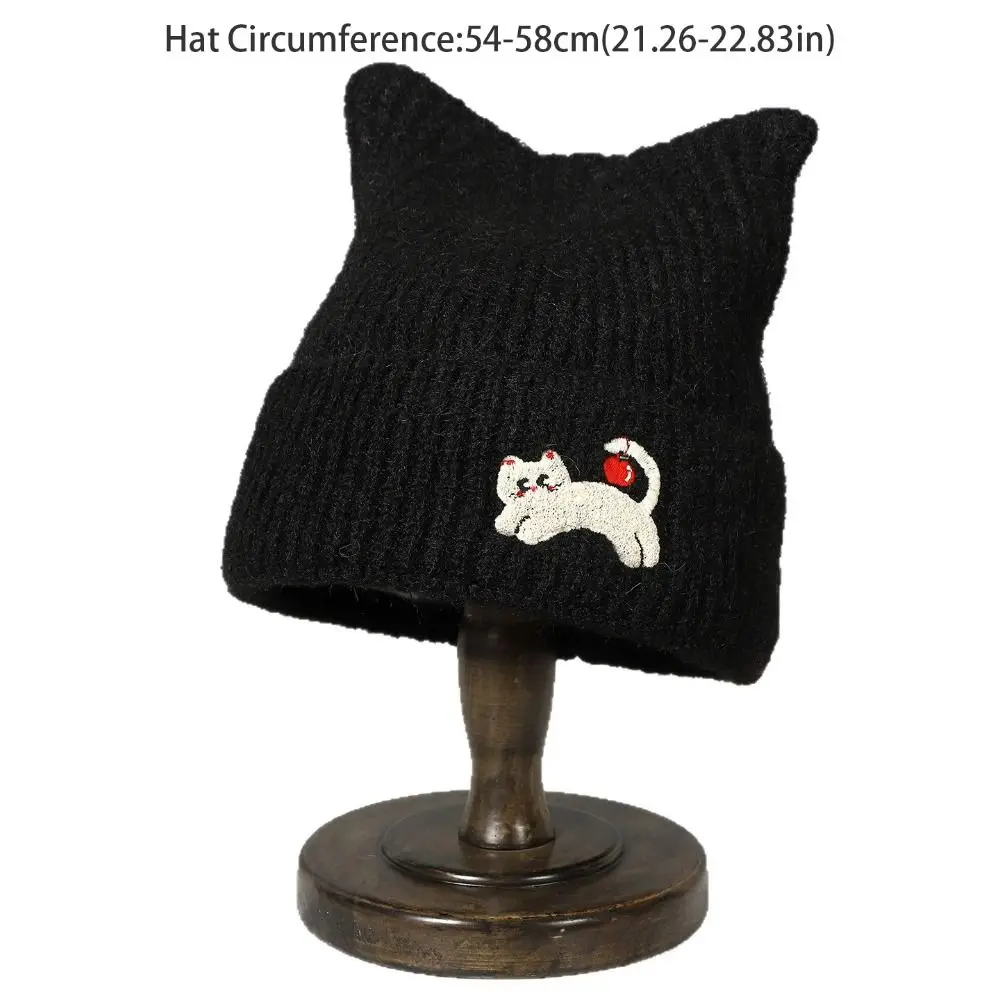 Fashion Soft Cat's Ears Knitted Hat Embroidered Cat Korean Style Knitted Beanies Wool Elastic Warm Cap Apparel Accessories