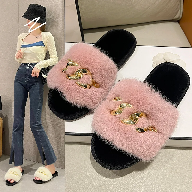 Fashion Chain Design Women Home Slippers Solid Color Open Toe Indoor  Winter Flat Non-slip Leisure Interior Female Shoes 2024