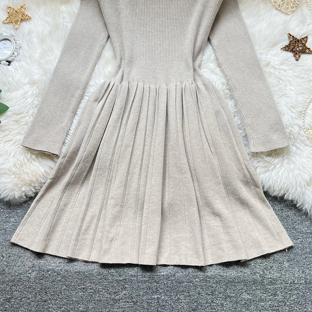 YuooMuoo Korean Fashion A-line Short Dress 2025 Autumn Winter Women Basic All Match Black Knitted Dress Lady Solid Pleated Dress