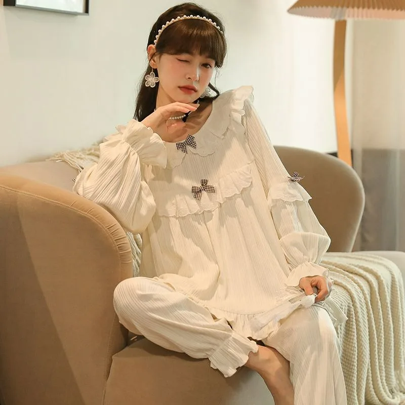 

Early Spring Women's Sleepwear Long-Sleeved Trousers Casual Pajamas Two-Piece Suit Princess Style Sweet Loose Homewear Suit 2024