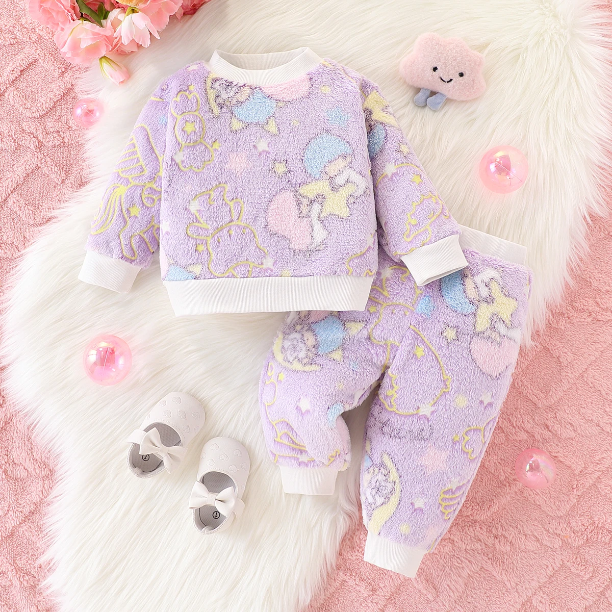 2Pcs Baby Girls Winter Casual Outfit Sets, Ribbed Crew Neck Long Sleeve Top & Pants, Random Cartoon Print