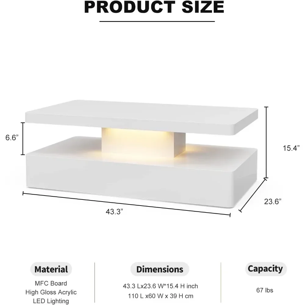 LED High Glossy Coffee Table, Modern Coffee Table, 2 Tiers Rectangle Design Coffee Table with 16 Colors LED Lights