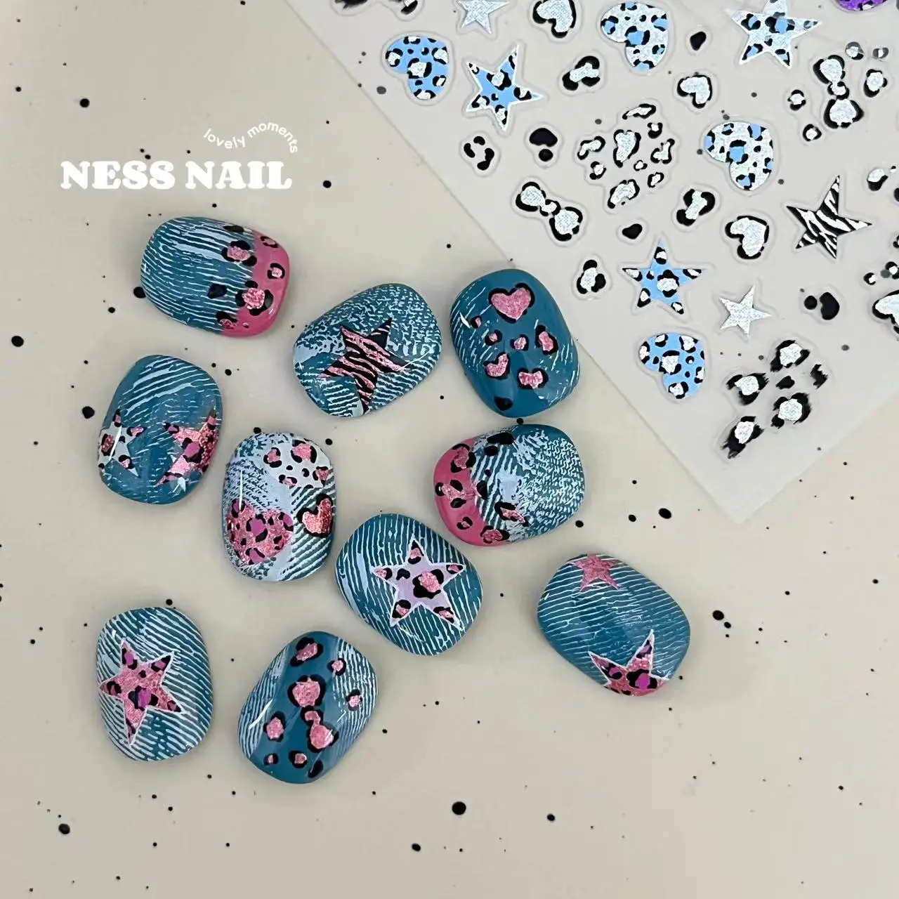 1 foglio di adesivi per unghie con stampa leopardata blu denim glitter stella stella fiocco rosa viola giallo decalcomanie per unghie Y2K Hot Girls punte per unghie Decor