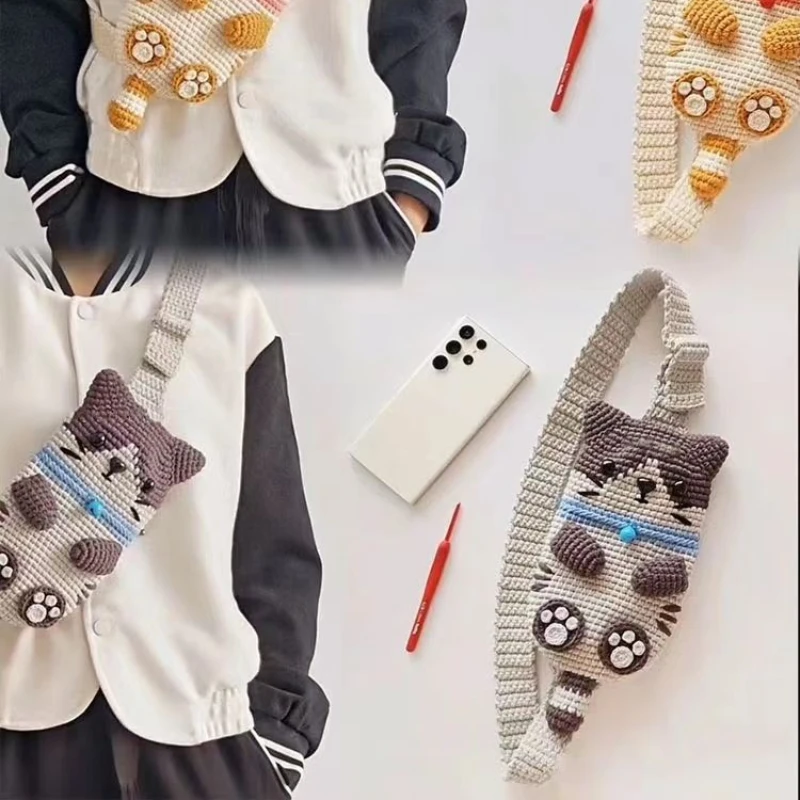 Cat Crossbody Bag DIY Material Yarn, Mobile Phone Bags Yarn Crochet Thread Set,Cute Coin Purse, Couple Weaving Gift Knitted Yarn - Image 2
