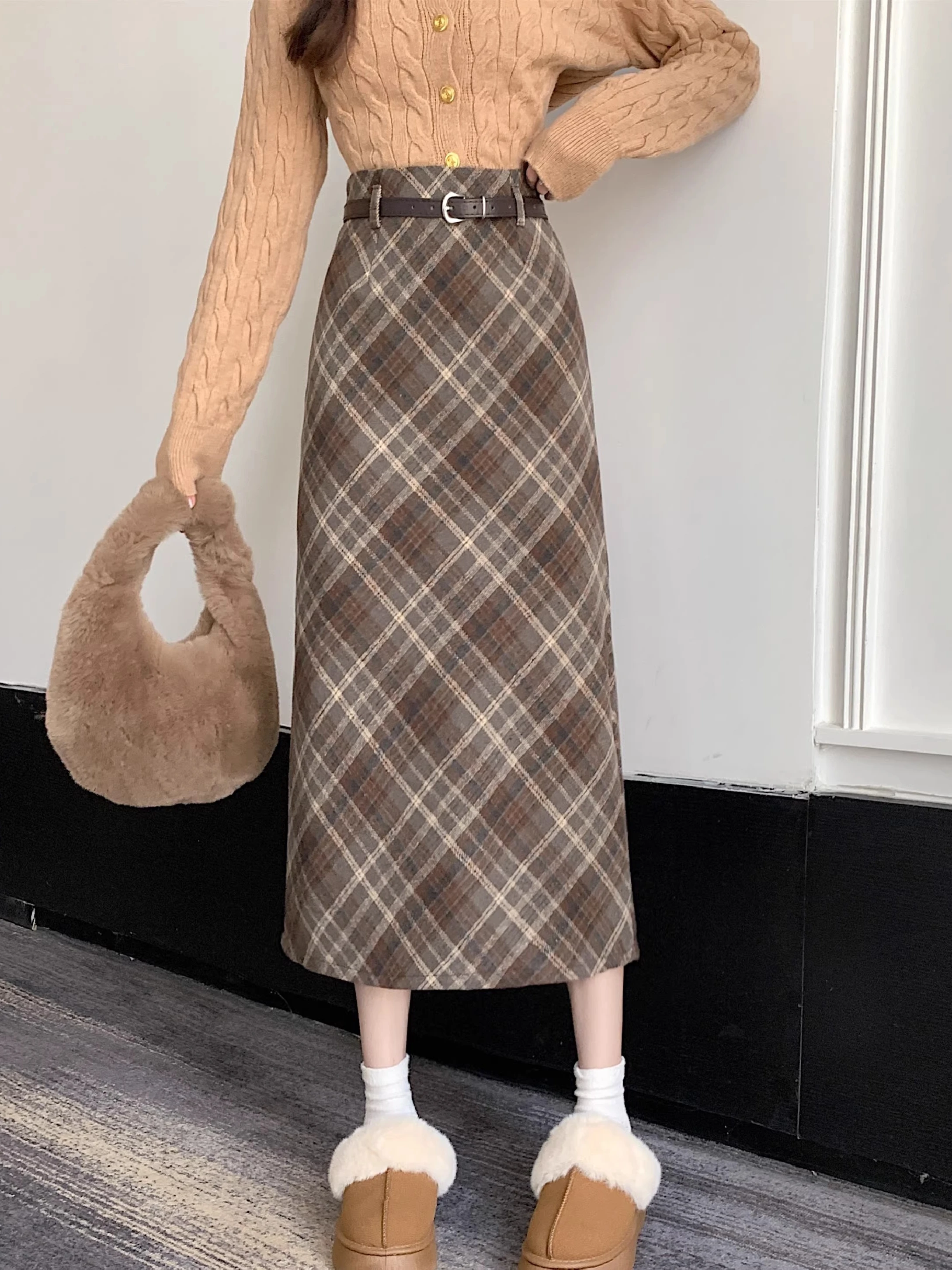 

Ретро-юбка в клетку из шерсти для женщин, весна-осень, большие размеры, стройнящая, А-силуэт, с запахом, средней длины