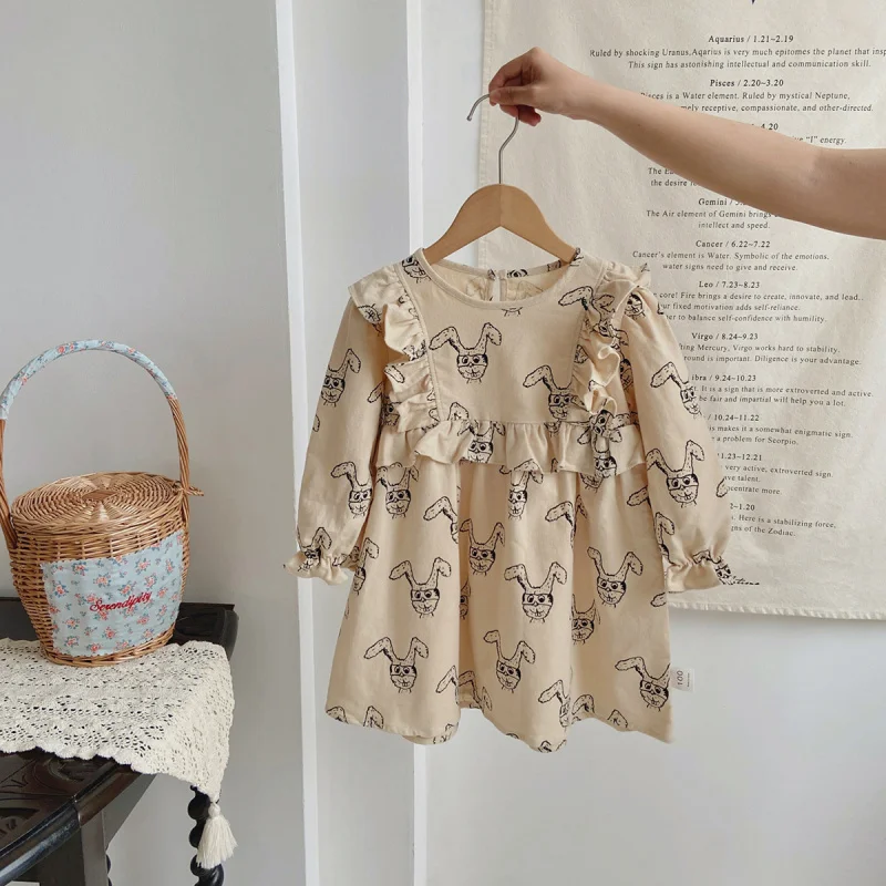 Children's Bear Print Long Sleeve Dress for Girls, Autumn Sweet Ruffle Round Neck Dress