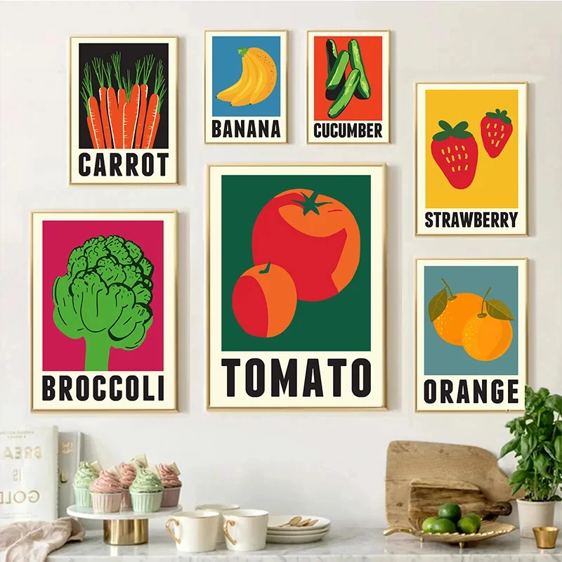 Minimalist Kitchen Food Fruit Tomato Orange Banana Broccoli Art Poster Canvas Painting Wall Print Picture Living Room Home Decor