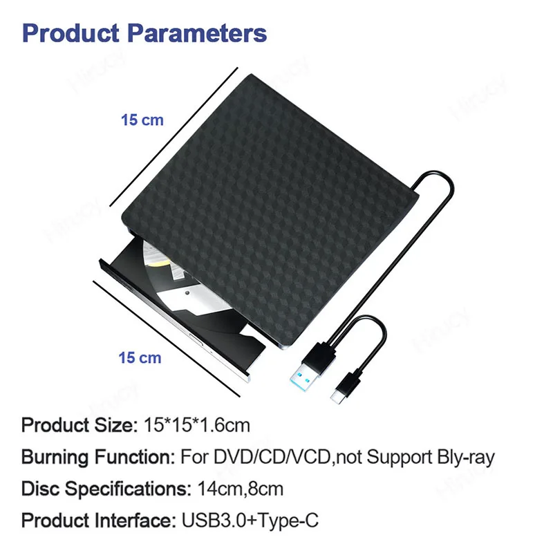 Imagem -04 - Hirucy Usb3.0 c cd Externo Dvd-rw Unidade Óptica Padrão Diamante Grade Dvd Playercd Dvd Burner Leitor para Laptop Desktop Windows 11 10