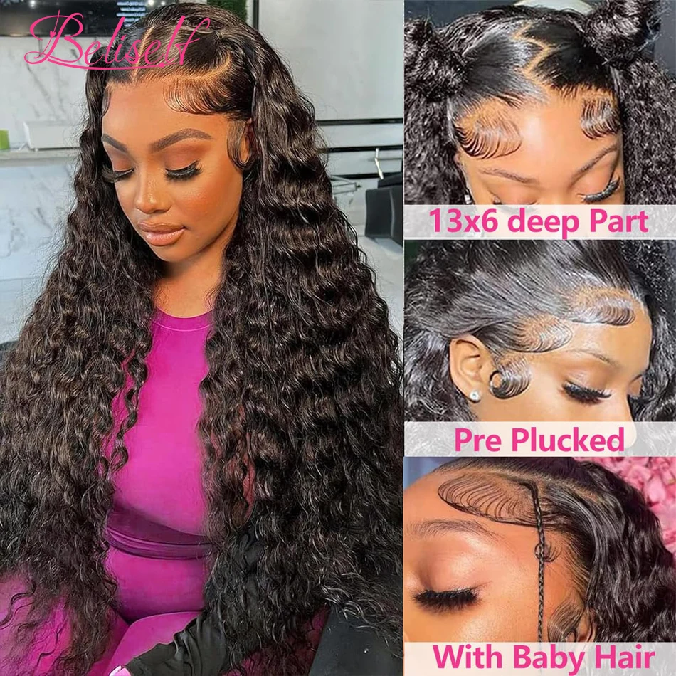 Beliself-Full HD Lace Frontal Peruca, Onda Profunda Do Cabelo Humano, Perucas Encaracoladas, 300 Densidade, 13x6, 13x4