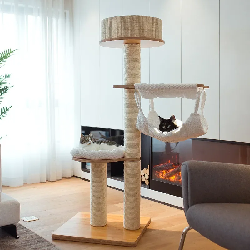Timber Feline Activity Tower, Rest Hut, Sisal Scratching Pillar, Kitty Play Equipment, Large Breed Pet Entertainment Gear
