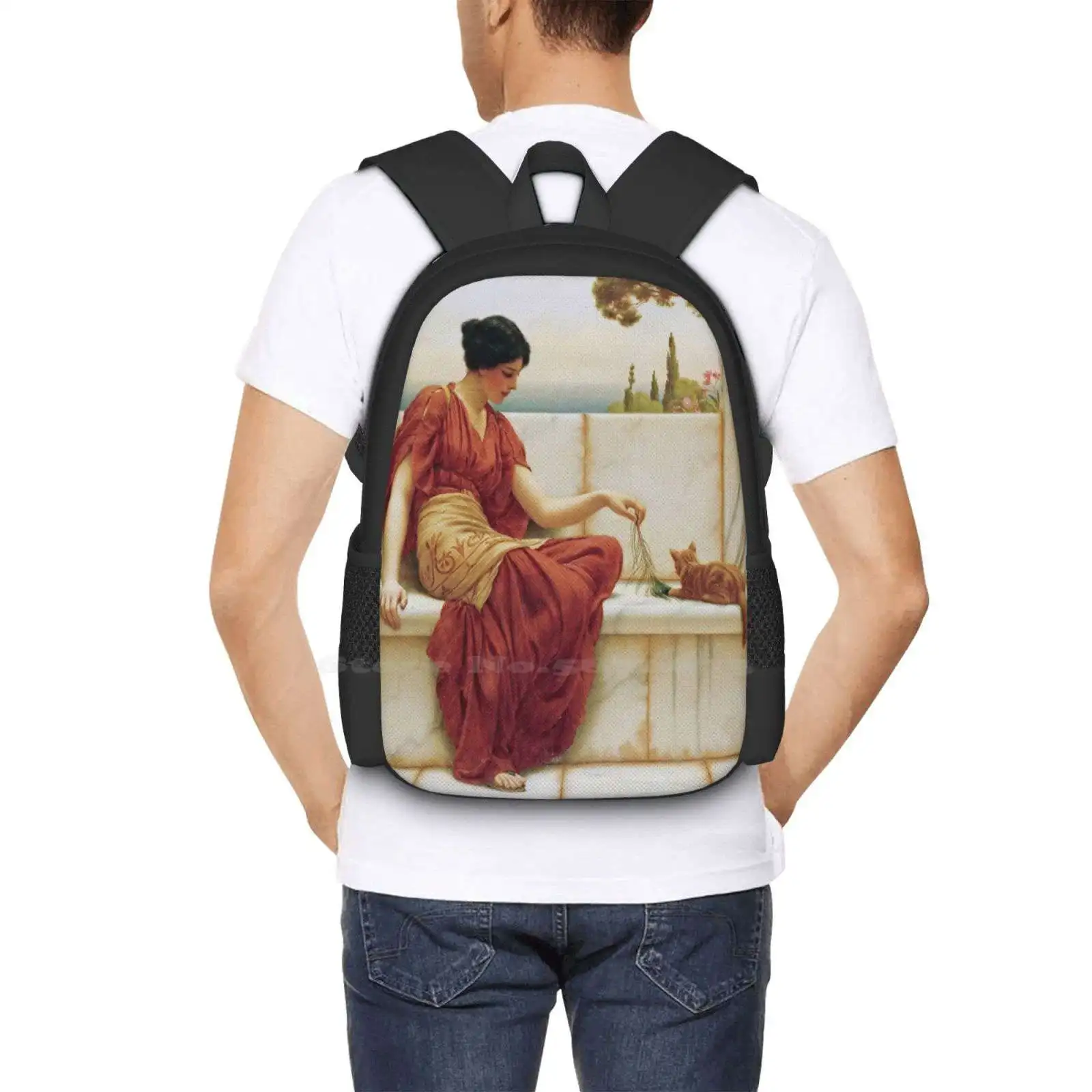 John William Godward - The Favourite Pattern Design Laptop Travel School Bags Beautiful Beauty Blue Elegant Expression Face