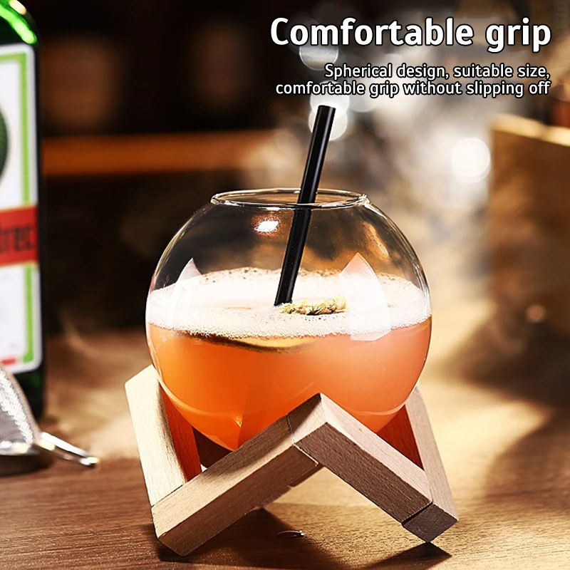 Transparent Moon Ball Wine Glasses Creative Spherical Cocktail Glass Cup Straw Wooden Base Restaurant Cold Drinking Juice Cups