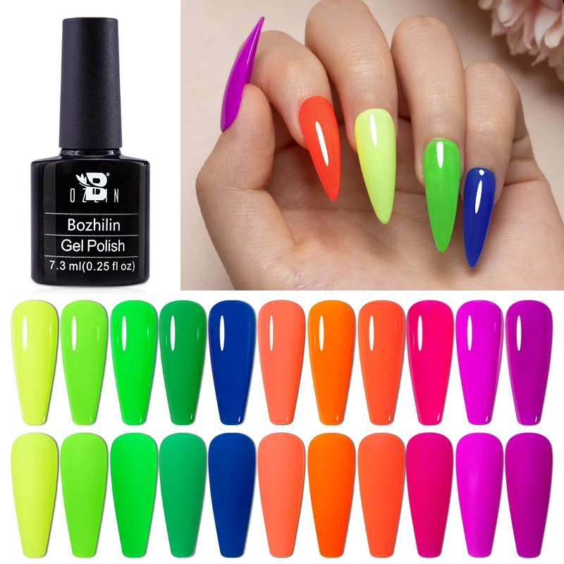 BOZLIN Summer Neon Gel Polish  Matte Semi Permanent Soak Off Fashion Fluorescent Color Nail Gel Polish For Nail Art Top Coat