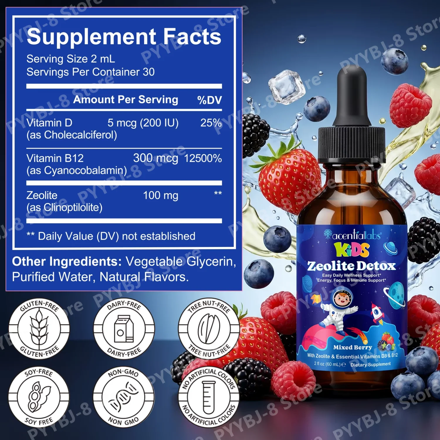 Acentialabs Kids Zeolite Detox Liquid Drops with Vitamin D3 (Cholecalciferol) and Vitamin B12 (Cyanocobalamin), 30 Servings