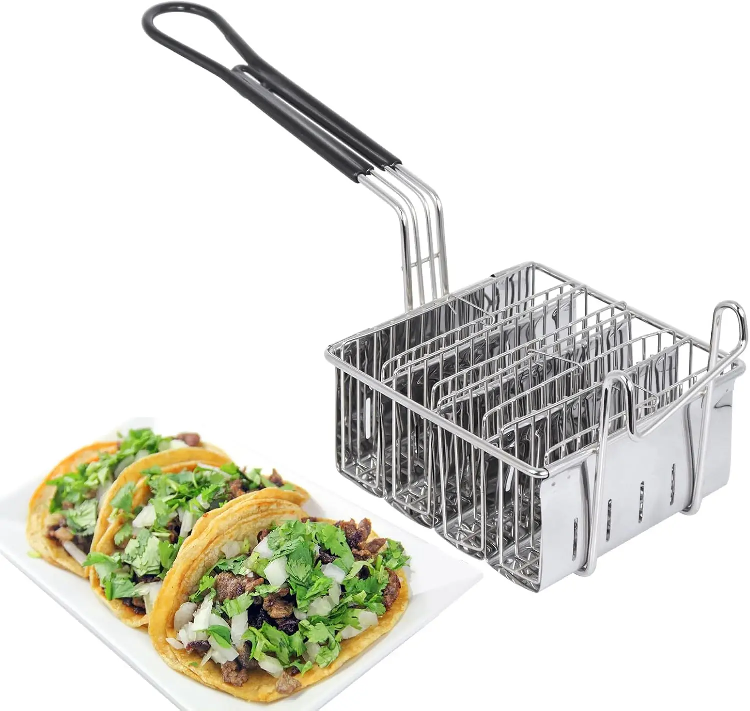 

Stainless Steel Taco Fryer Basket for 4 Shells, Deep Fry with Handle, Flat Bottom