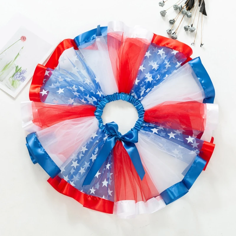 Kids Little Girls American Pattern Skirt with Bowknot Hair Clip Red White Striped Tulle 4th of July Independ