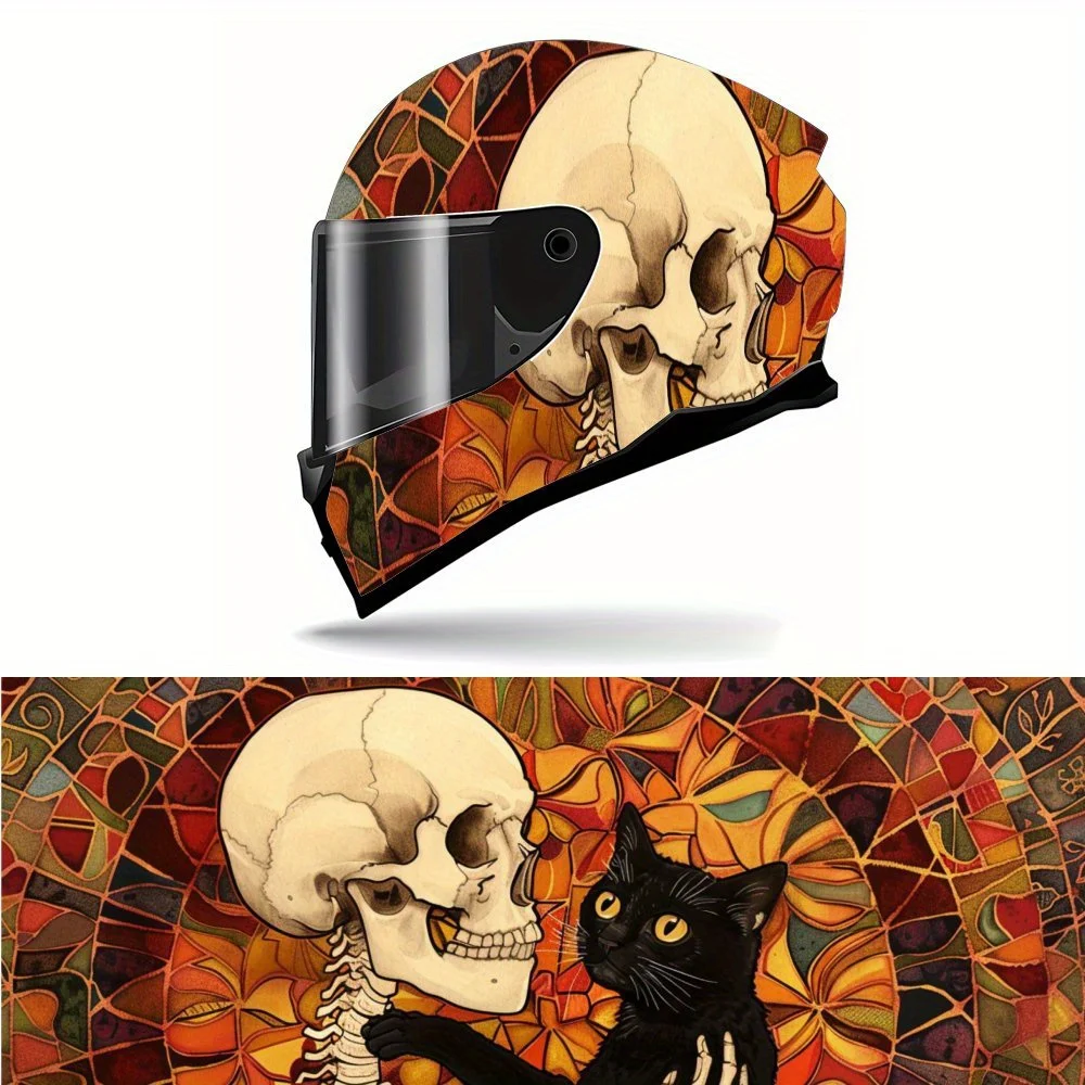 

Autumn Style Black Cat and Skull Motorcycle Helmet Decal, Self-adhesive Waterproof Helmet Vinyl Wraps Decoration, Universal DIY
