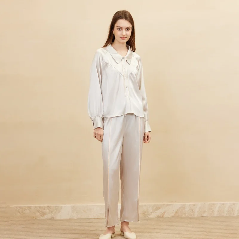 

Autumn New Comfortable 2 Piece Set 100% Real 19 Momme Mulberry Silk Pants Set Sleepwear Clothes for Women