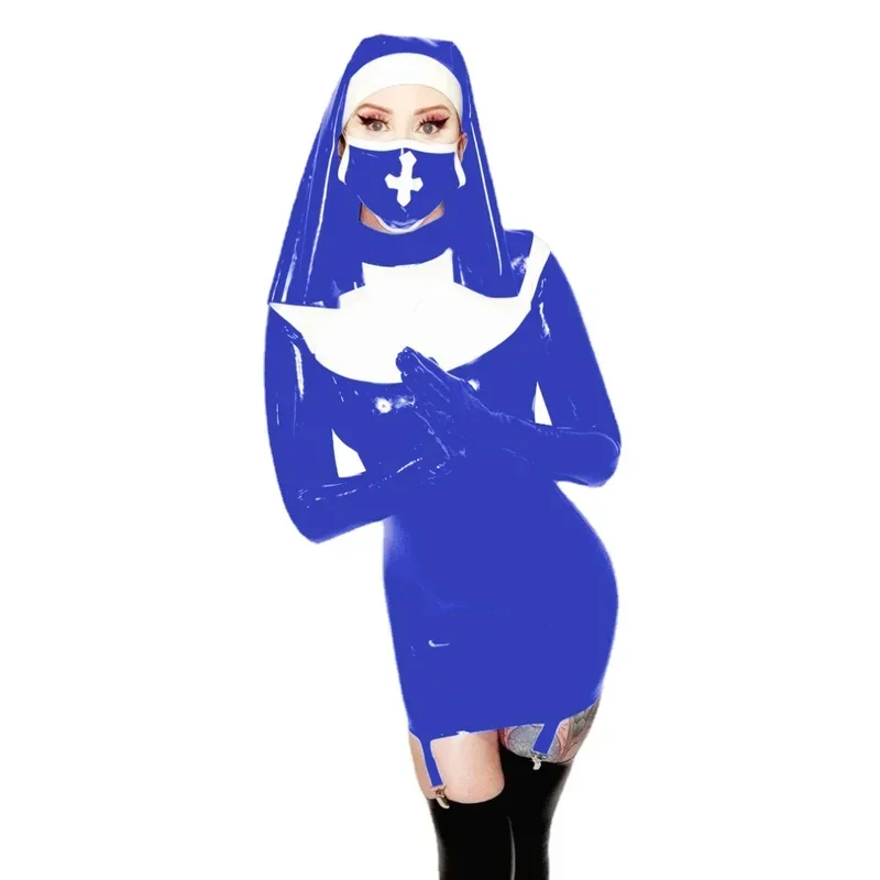 Wetlook PVC Leather Cosplay Garter Dress with GLOVES ExETOIC BODYCON Nun OutFit Sexy Nun Uniform Suit Party Clubwear 7XL