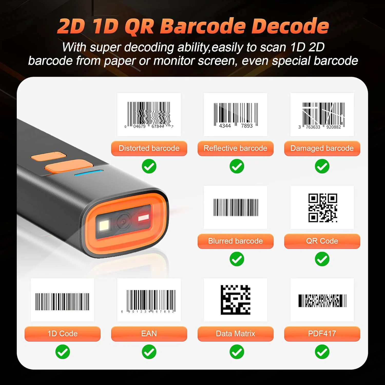 Senicron P1 2D QR Wireless Bluetooth Pocket Mini Barcode Scanner مع مهد شحن
