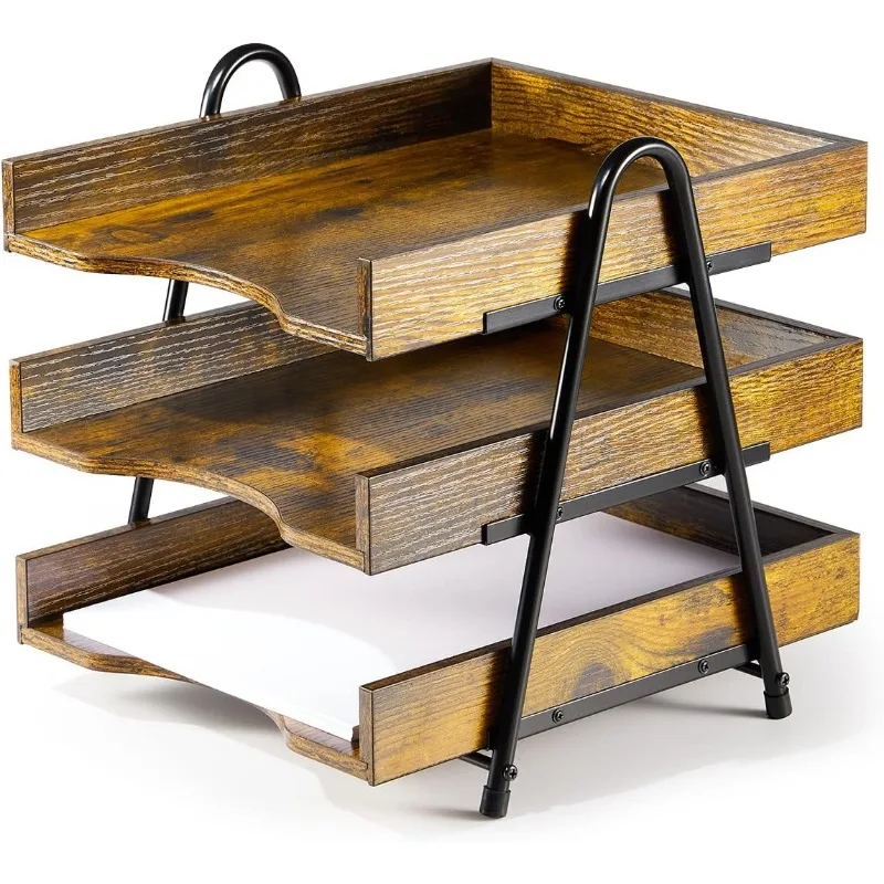 Wood Desk Organizer, 3-Tier Wood Paper Tray, Rustic Office Supplies Organizer, Brown, 12.6 x 10.2 x 12 inches