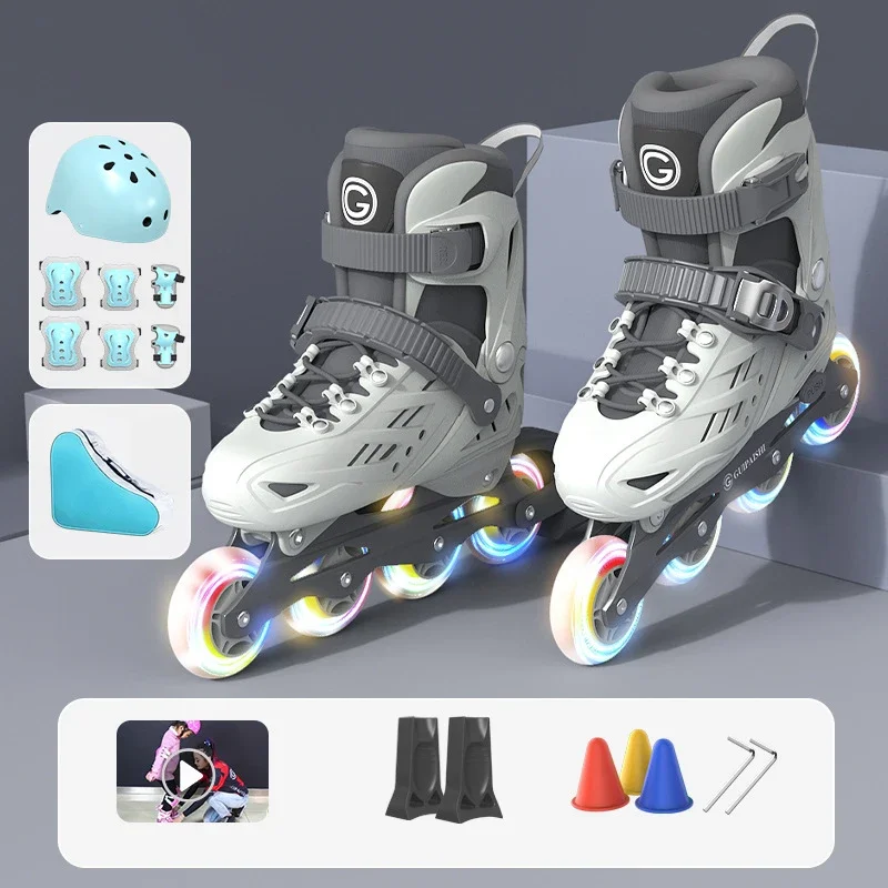 زلاجات دوارة مضمنة مع خوذة، وسادات للكوع والركبة، مجموعة حقائب أحذية فلاش 4 عجلات أحذية رياضية للأولاد والبنات أحذية تزلج قابلة للتعديل