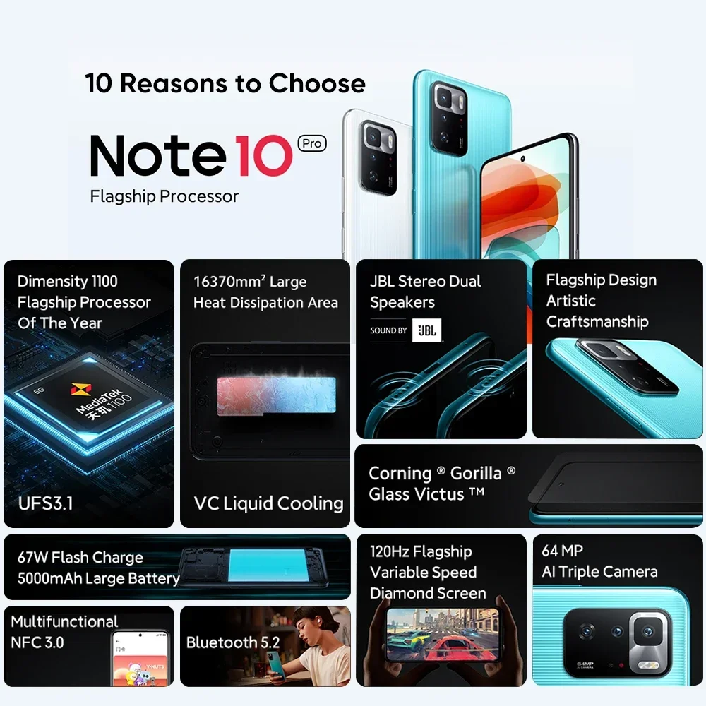 ROM العالمي Xiaomi Redmi Note 10 Pro 128GB/256GB الأبعاد 1100 ثماني النواة 5000mAh NFC 120 هرتز 6.6 بوصة FHD + عرض 64MP 5G الهاتف الذكي