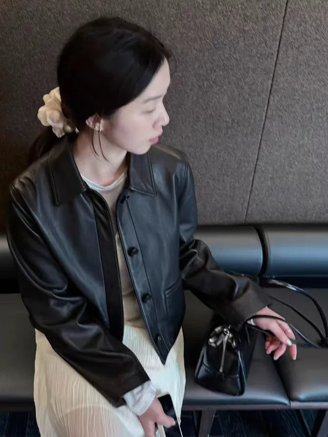 

Cool Retro Style Short Quilted Leather Jacket Women's Single Button Slim Fit Compact Size Fashionable Outerwear